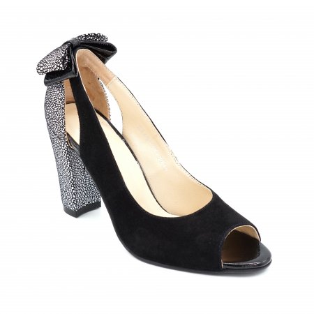 Pantofi dama decupati din piele naturala intoarsa neagra si cu imprimeu argintiu cu varf rotund si toc inalt gros 9 cm 3219-24 [3]