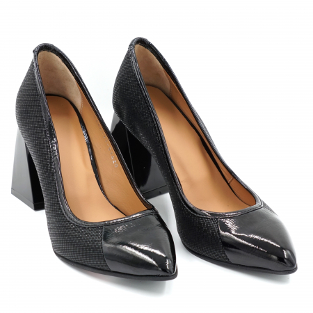 Pantofi dama din piele naturala lacuita neagra si cu imprimeu negru cu varf ascutit stileto si toc mediu gros 8 cm 51420-24 [2]