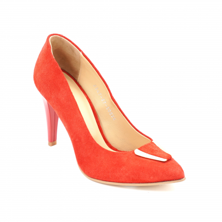Pantofi dama din piele naturala intoarsa rosie cu varf ascutit stileto si toc inalt subtire 9 cm 50824-3-24 [1]