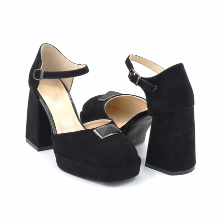 Lichidare stocuri - Sandale dama din piele naturala intoarsa neagra cu varf patrat, platforma 2 cm si toc inalt gros imbracat 9 cm 1053-24