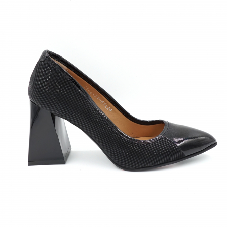 Lichidare stocuri - Pantofi dama din piele naturala lacuita neagra si cu imprimeu negru cu varf ascutit stileto si toc mediu gros 8 cm 51420-24