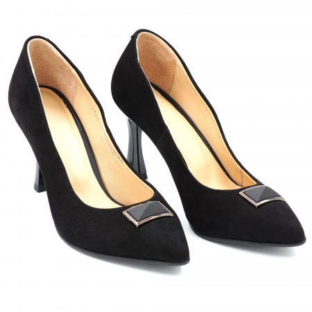 Pantofi dama din piele naturala intoarsa neagra cu varf ascutit stileto si toc mediu subtire 8 cm 50524-4-24 [1]