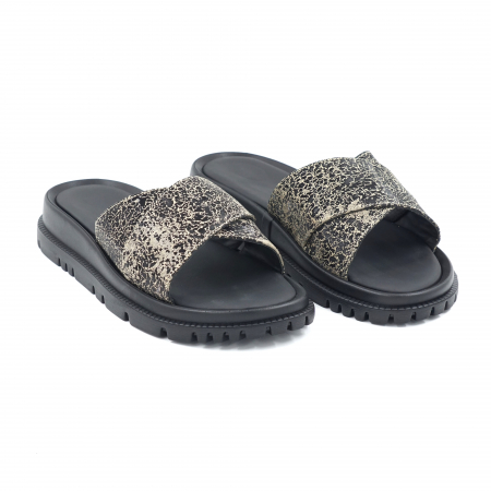 Sandale casual & sport dama - Papuci dama din piele naturala cu imprimeu maro negru cu varf rotund si talpa joasa 3 cm  7220-24