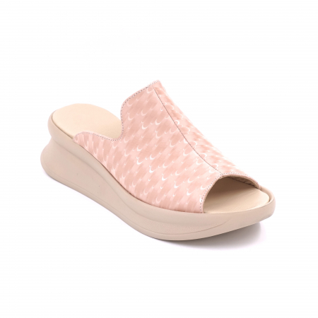 Papuci dama din piele naturala nude roze cu imprimeu 3D cu varf rotund si talpa inalta 6 cm 1120-24 [1]