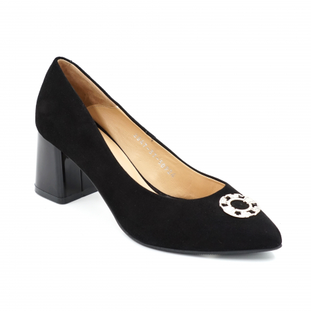 Pantofi dama din piele naturala intoarsa neagra cu varf ascutit si toc mic gros 6 cm 50924-24 [2]