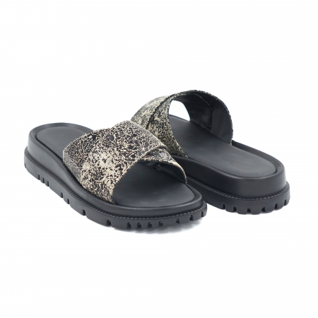 Papuci dama din piele naturala cu imprimeu maro negru cu varf rotund si talpa joasa 3 cm  7220-24 [1]