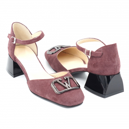 Sandale dama - Sandale dama din piele naturala intoarsa visiniu wine cu varf patrat si toc mic gros 4 cm 1048-24