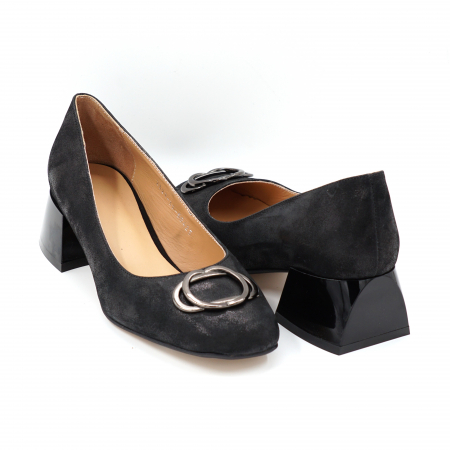 Lichidare stocuri - Pantofi dama din piele naturala neagra satinata cu varf patrat si toc mic gros 4 cm 50423-24