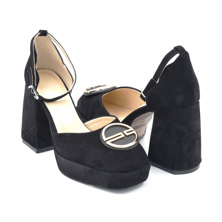 Sandale dama - Sandale dama din piele naturala intoarsa neagra cu varf patrat, platforma 2 cm si toc inalt gros imbracat 9 cm 1083-24