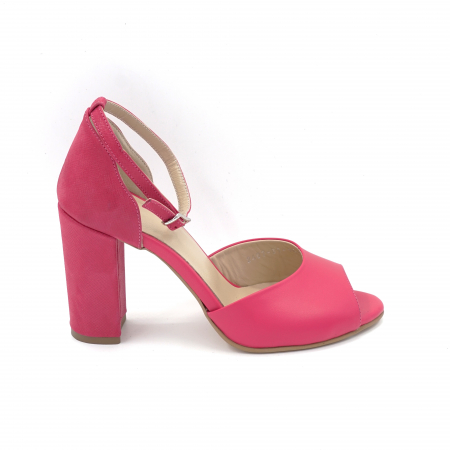 Lichidare stocuri - Sandale dama din piele naturala fucsia cu varf rotund si toc inalt gros imbracat 9 cm  1064-1-24