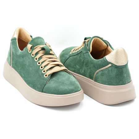Pantofi dama tip adidas din piele naturala intoarsa verde crud si aurie cu varf rotund si talpa 3 cm 63621-1-24 [3]