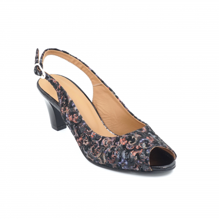 Sandale dama din piele naturala cu imprimeu floral cu varf rotund si toc mic gros 5 cm 1026-11-24 [1]