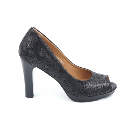 Sandale dama - Pantofi dama decupati din piele naturala neagra cu imprimeu cu varf rotund, platforma 1 cm si toc inalt gros 10 cm 1027-1-24