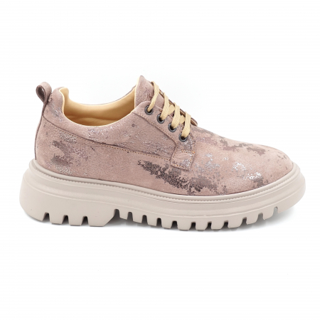Dama - Pantofi dama casual din piele naturala bej cu insertii roze cu varf rotund si talpa 4 cm 50321-2-24