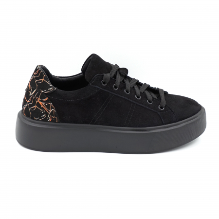 Dama - Pantofi dama tip adidas din piele naturala intoarsa neagra si cu imprimeu multicolor cu varf rotund si talpa 5 cm  50621-2-24