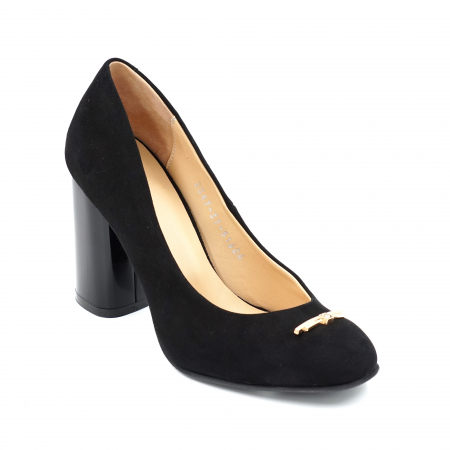 Pantofi dama din piele naturala intoarsa neagra cu varf rotund si toc inalt gros 9 cm 51624-1-24 [2]