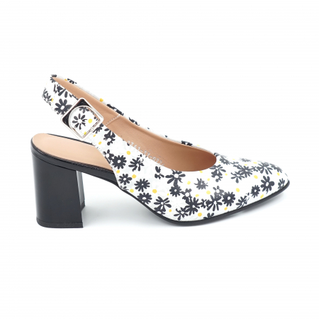 Sandale dama - Sandale dama din piele naturala cu imprimeu floral cu varf semirotund si toc mic gros 6 cm 0224-3-24