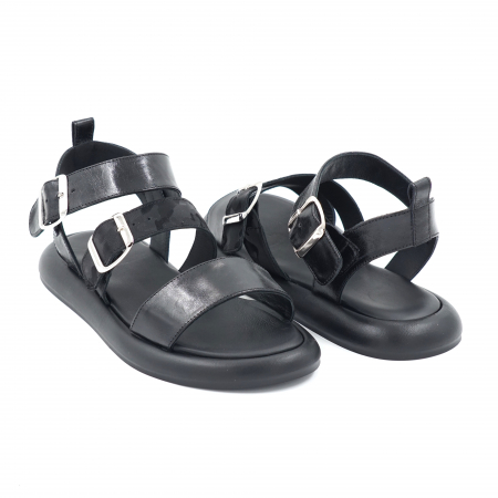 Sandale dama din piele lacuita neagra cu varf rotund si talpa joasa 2 cm 7420-24 [3]