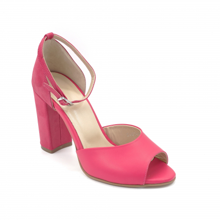 Sandale dama din piele naturala fucsia metalizata cu varf rotund si toc inalt gros imbracat 9 cm  1064-1-24 [1]