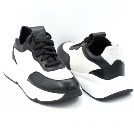 Pantofi dama tip adidas din piele naturala alba si neagra cu varf rotund si talpa 4 cm 51121-7-24 [1]