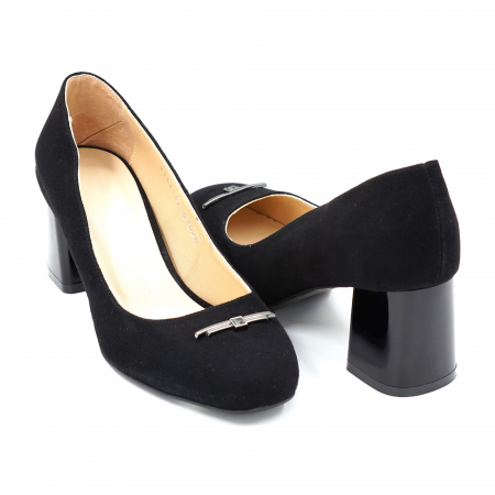 Pantofi elegant & office dama - Pantofi dama din piele naturala intoarsa neagra cu varf rotund si toc mic gros 6 cm 51624-24