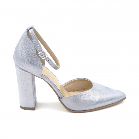 Sandale dama - Sandale dama din piele naturala albastru bleu metalizat cu varf ascutit stileto si toc inalt gros imbracat 9 cm 1041-24