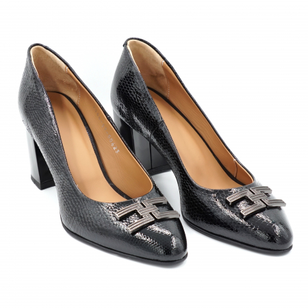 Pantofi dama din piele naturala neagra cu imprimeu croco cu varf rotund si toc mic gros 6 cm 50623-24 [1]