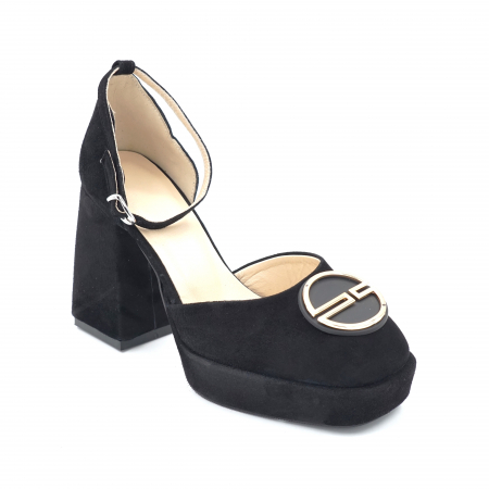 Sandale dama din piele naturala intoarsa neagra cu varf patrat, platforma 2 cm si toc inalt gros imbracat 9 cm 1083-24 [3]