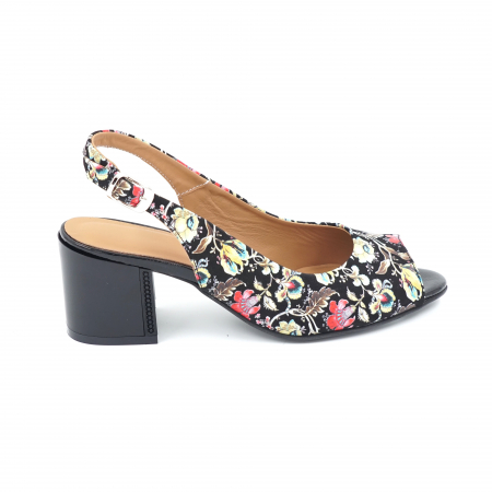 Sandale dama - Sandale dama din piele naturala cu imprimeu floral cu varf rotund si toc mic gros 6 cm 1026-10-24