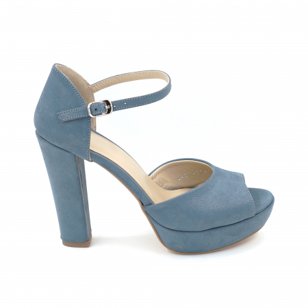 Sandale elegant & office dama - Sandale dama din piele naturala albastru deschis bleu metalizat cu varf rotund, platforma 2 cm si toc inalt gros imbracat 11 cm 1065-4-24