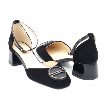 Sandale dama - Sandale dama din piele naturala intoarsa neagra cu varf patrat si toc mic gros 4 cm 1045-24