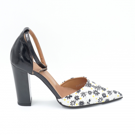 Sandale dama - Sandale dama din piele naturala lacuita neagra si cu imprimeu floral cu varf ascutit stileto si toc inalt gros 9 cm 1033-1-24