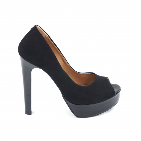 Sandale dama - Pantofi dama decupati din piele naturala intoarsa si lacuita neagra cu varf rotund, platforma 3 cm si toc inalt subtire 13 cm 1027-4-24