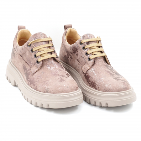Pantofi dama casual din piele naturala bej cu insertii roze cu varf rotund si talpa 4 cm 50321-2-24 [2]