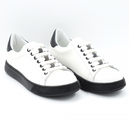 Pantofi dama - Pantofi dama tip adidas din piele naturala alba si lacuita neagra cu varf rotund si talpa joasa 2 cm 63221-3-24