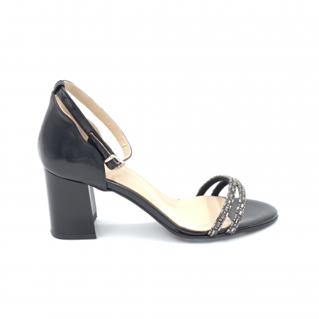 Sandale dama - Sandale dama din piele naturala lacuita neagra si strasuri fumurii cu varf rotund si toc mic gros 6 cm 1057-24