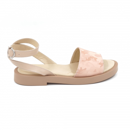 Sandale casual & sport dama - Sandale dama din piele naturala nude roze si cu imprimeu militar nude roze cu varf rotund si talpa joasa 2 cm 2220-24