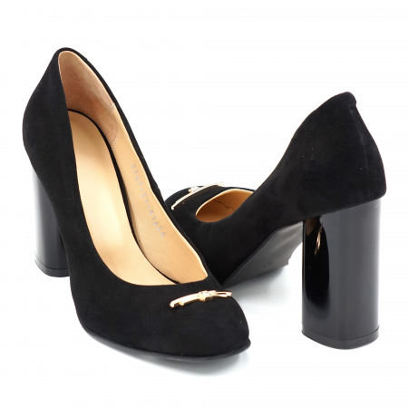 Pantofi elegant & office dama - Pantofi dama din piele naturala intoarsa neagra cu varf rotund si toc inalt gros 9 cm 51624-1-24