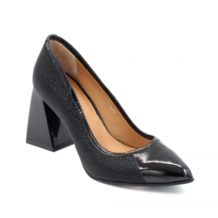 Pantofi dama din piele naturala lacuita neagra si cu imprimeu negru cu varf ascutit stileto si toc mediu gros 8 cm 51420-24 [1]