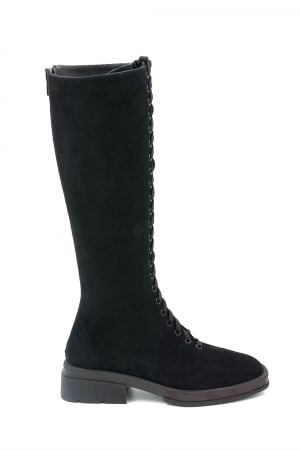 Lichidare stocuri - Cizme dama lungi casual din piele naturala intoarsa neagra cu varf rotund si talpa 2 cm 77021-1-23