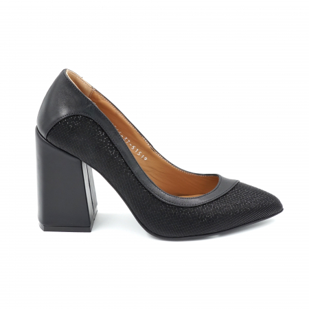 Pantofi elegant & office dama - Pantofi dama din piele naturala neagra simpla si cu imprimeu cu varf ascutit stileto si toc inalt gros 9 cm 51519-24