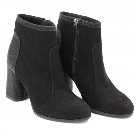 Ghete dama elegante din piele naturala intoarsa neagra si cu imprimeu cu varf rotund si toc mediu gros 8 cm  70520-23 [2]