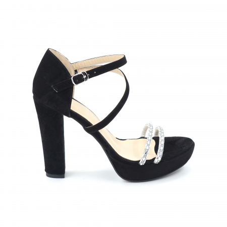 Sandale dama - Sandale dama din piele naturala intoarsa neagra si strasuri argintii cu varf rotund, platforma 2 cm si toc inalt gros imbracat 11 cm 1059-1-24