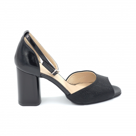 Sandale dama - Sandale dama din piele naturala neagra cu imprimeu cu varf rotund si toc mediu gros 8 cm 1054-1-24