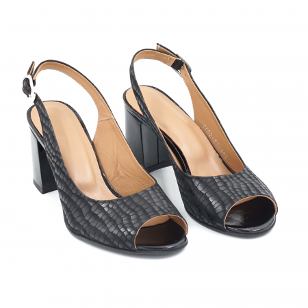 Sandale dama din piele naturala neagra cu imprimeu croco cu varf rotund si toc mic gros 6 cm 1026-3-24 [2]
