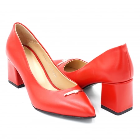 Lichidare stocuri - Pantofi dama din piele naturala rosie cu varf ascutit stileto si toc mic gros imbracat 6 cm 51624-2-24
