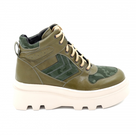 Ghete casual & bocanci dama - Ghete dama casual sport din piele naturala verde kaki si verde inchis smarald cu imprimeu militar 3D, cu varf rotund si talpa 5 cm 74221-23