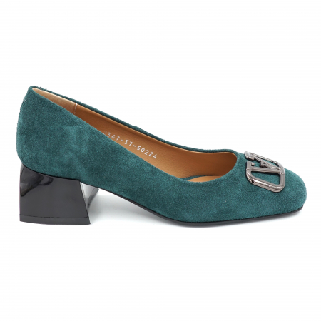 Pantofi dama din piele naturala intoarsa verde smarald cu varf patrat si toc mic gros 4 cm 50224-24 [2]