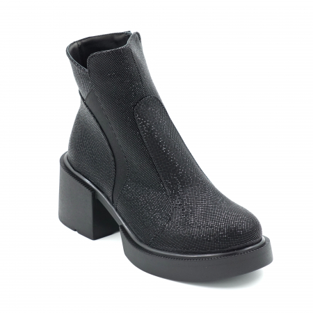 Ghete dama casual din piele naturala neagra cu imprimeu cu varf rotund si  toc mic gros 5 cm 70220-4-23 [1]