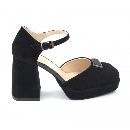 Sandale dama din piele naturala intoarsa neagra cu varf patrat, platforma 2 cm si toc inalt gros imbracat 9 cm 1053-24 [2]